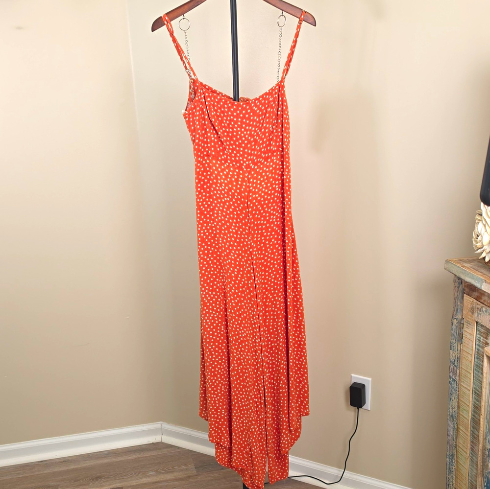 O'Neill Orange Polka Dot Wide Leg Jumpsuit Handkerchief Hem Maxi L Viscose